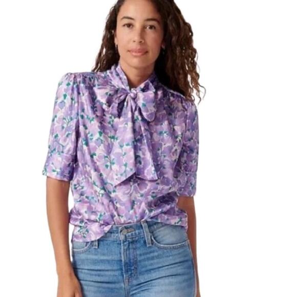 J. Crew Collection Tie-Neck Top In Ratti Lilac Collage Print Sz XS Preppy Office - Picture 1 of 12